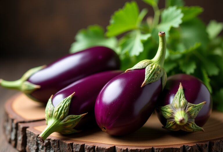 Berenjena fresca sobre una tabla de madera
