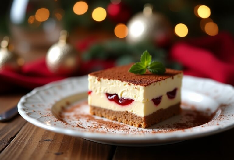 Tiramisú de turrón decorado con cacao y almendras