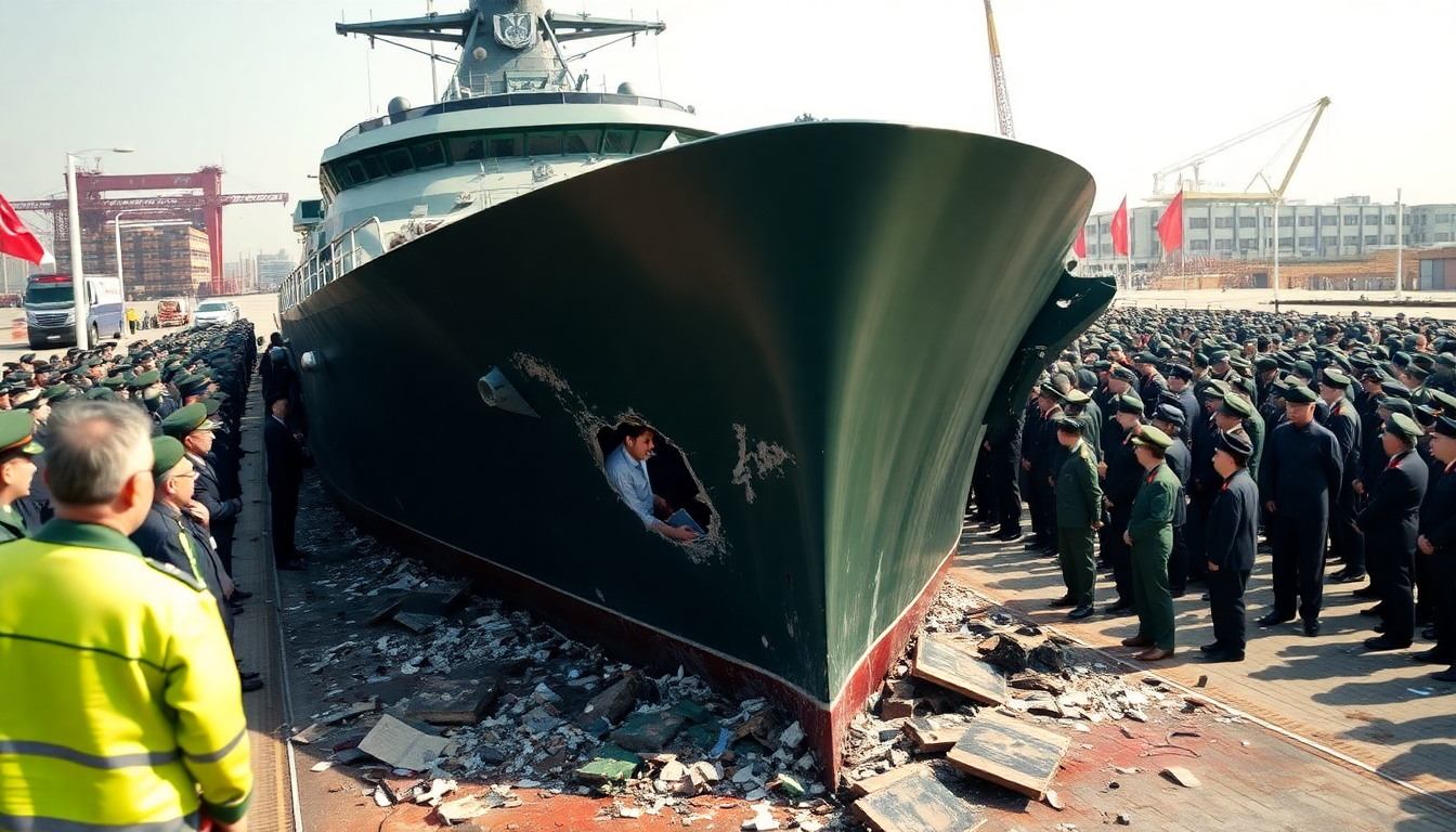 Kim Jong-un reacciona ante un accidente en la ceremonia de un nuevo buque