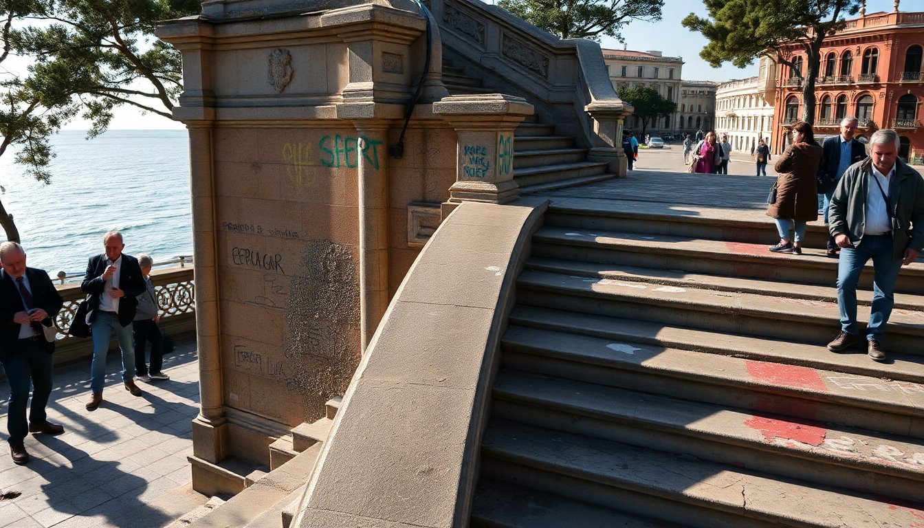 Vandalismo en la restauración de la Escalera Imperial de Mar del Plata, horas después de su reapertura