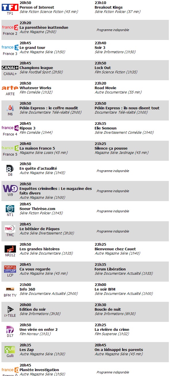 Programme-TV-03-04-2013 Programme TV TNT du 3 avril 2013