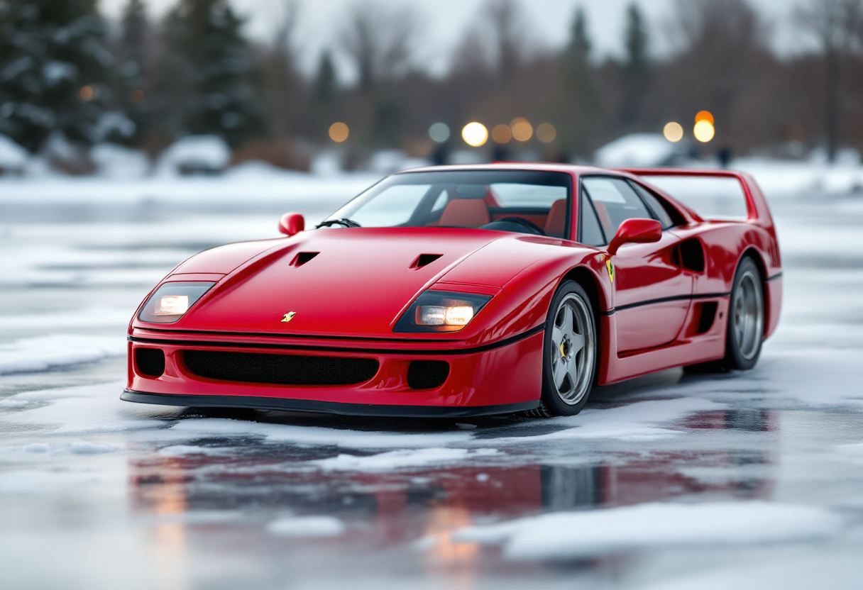 Ferrari F40 che sfreccia su una pista di ghiaccio