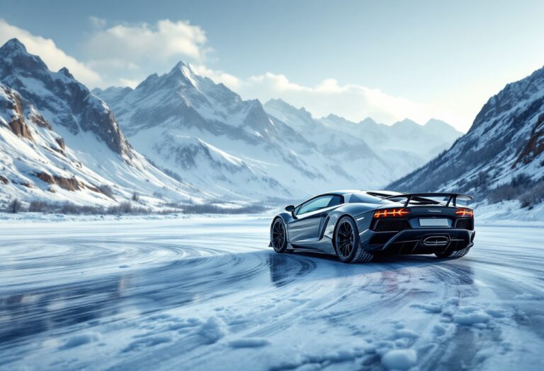 Lamborghini che sfreccia su una superficie ghiacciata