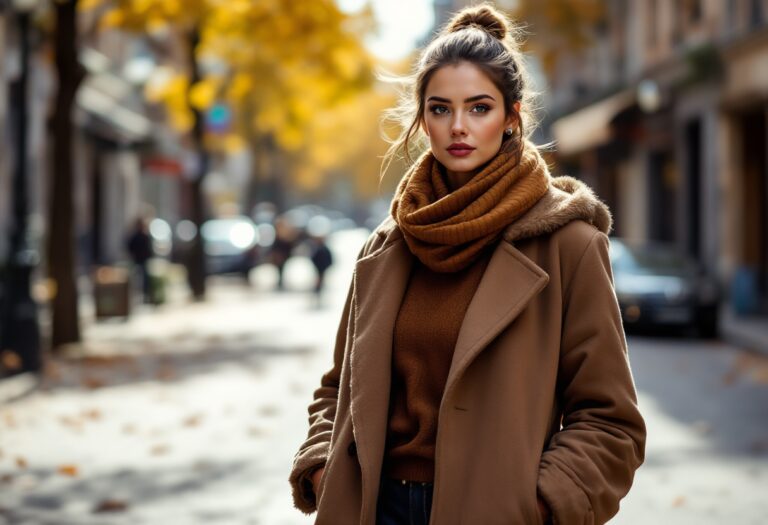 Modello che indossa abbigliamento autunnale elegante