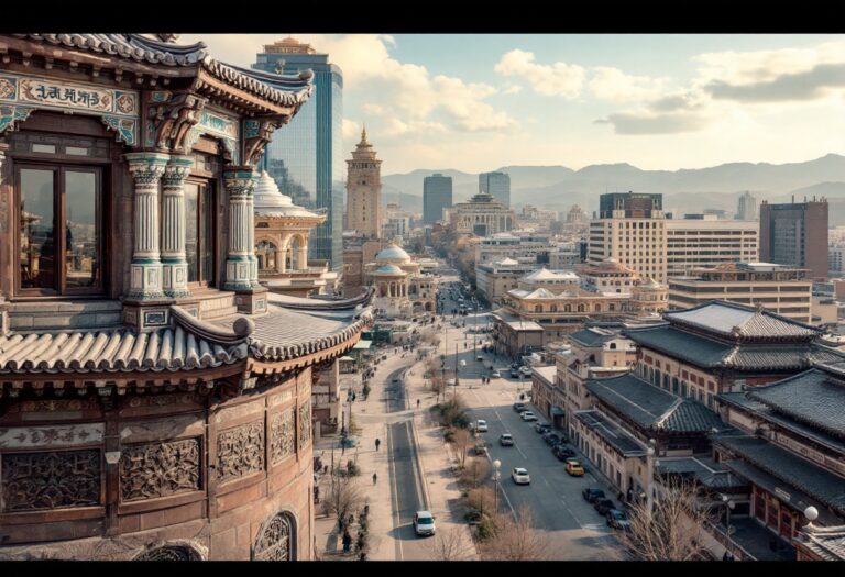 Paesaggio mongolo con nomadi e modernità urbana