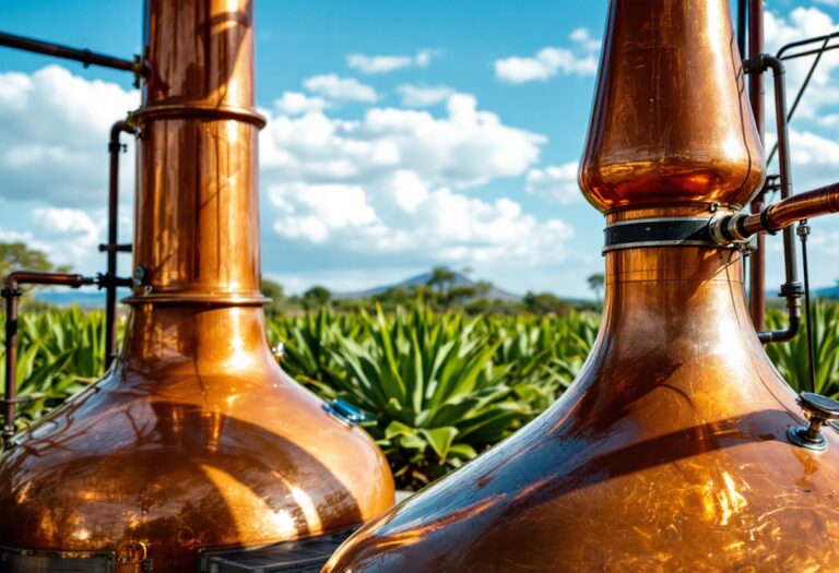 Bottiglia di mezcal Del Maguey con agave sullo sfondo