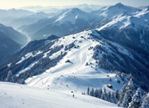 Panorama innevato di Andorra con sciatori in azione