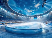 Atleti in azione durante una gara di biathlon nella Veltins Arena