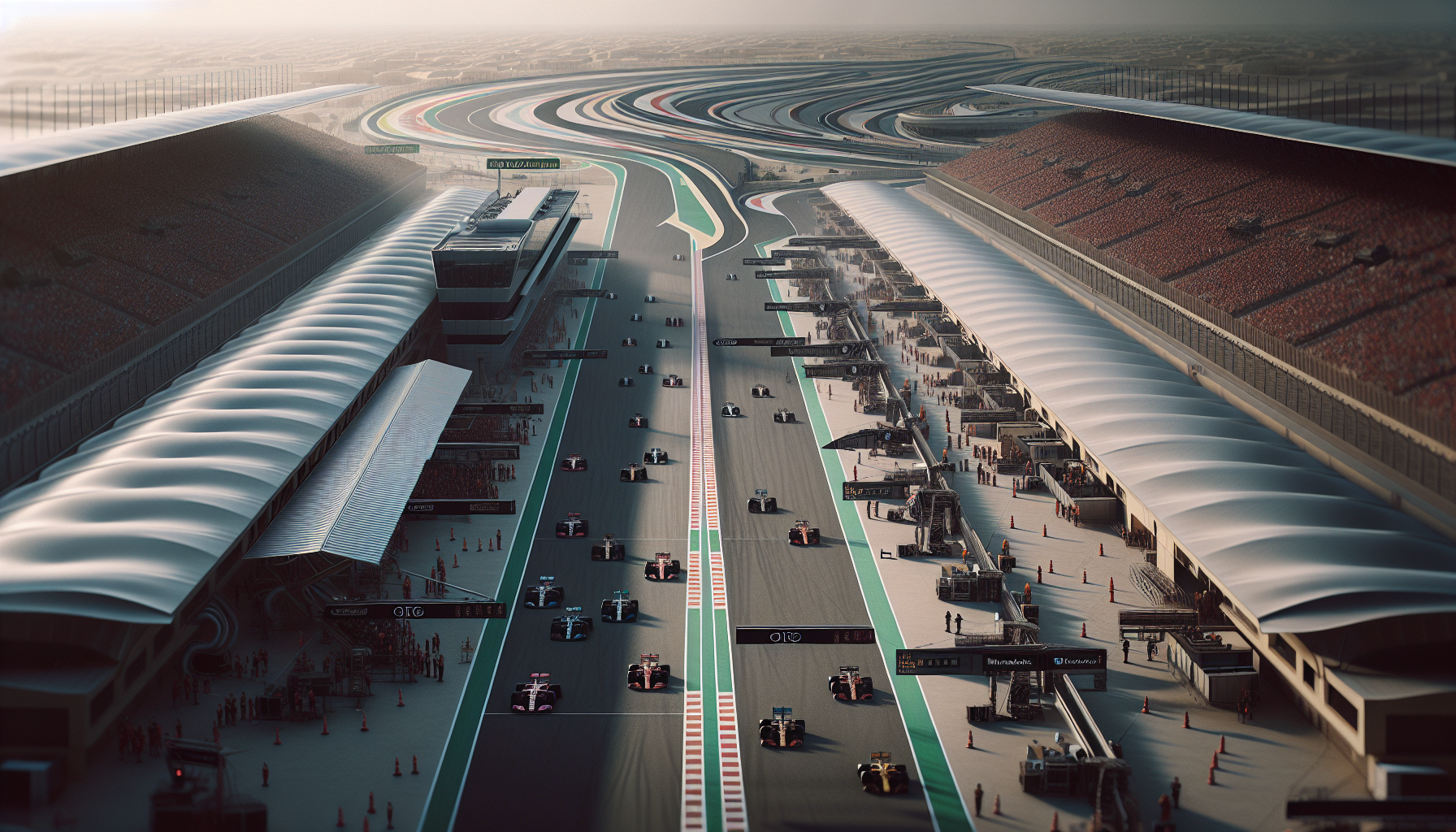 F1 cars racing at the Bahrain Grand Prix under bright lights