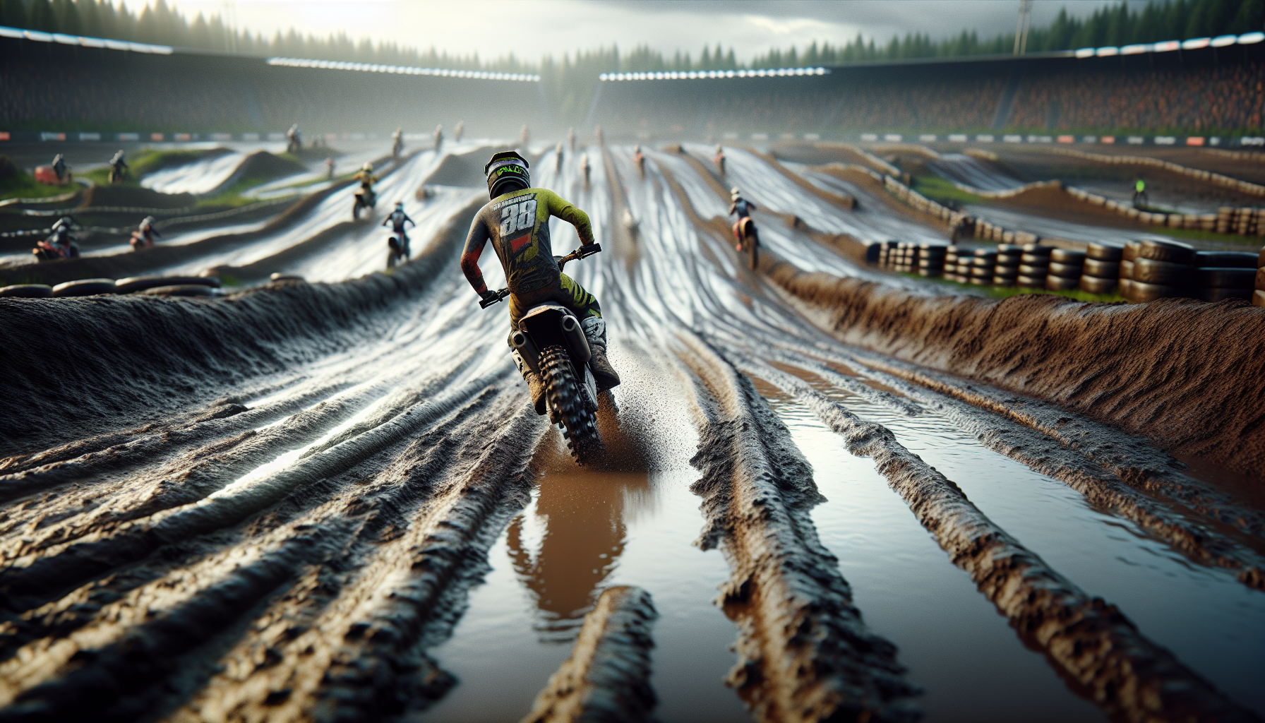 Riders battling in muddy conditions at Foxborough Supercross