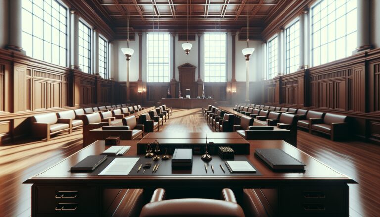 Strategic courtroom scene during a high-profile trial