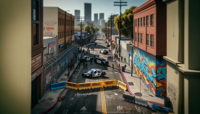 Manifestazione a Paramount, California, con agenti di polizia