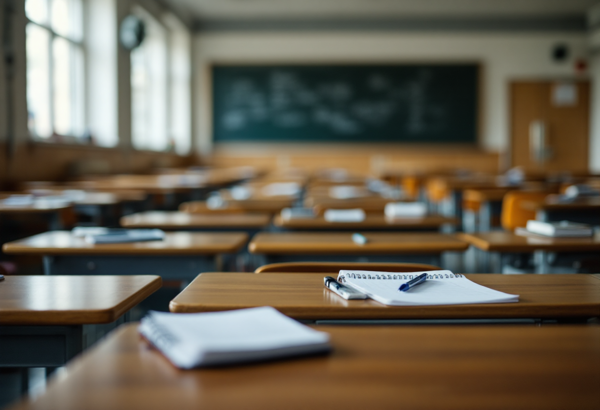 Insegnante in aula con espressione preoccupata