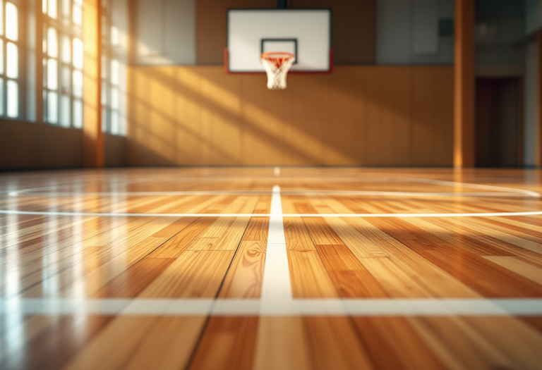 Logo della Dinamo Sassari con sfondo sportivo