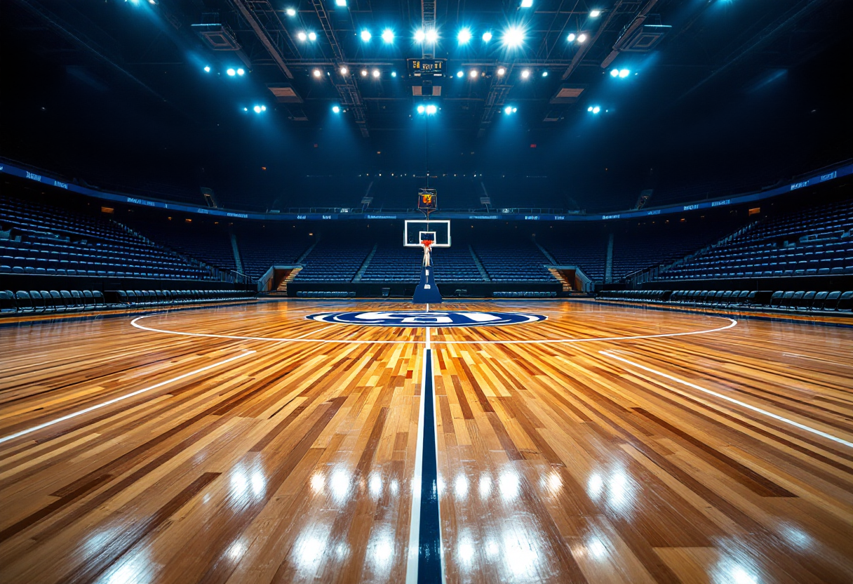 Logo della Dinamo Banco di Sardegna con sfondo sportivo