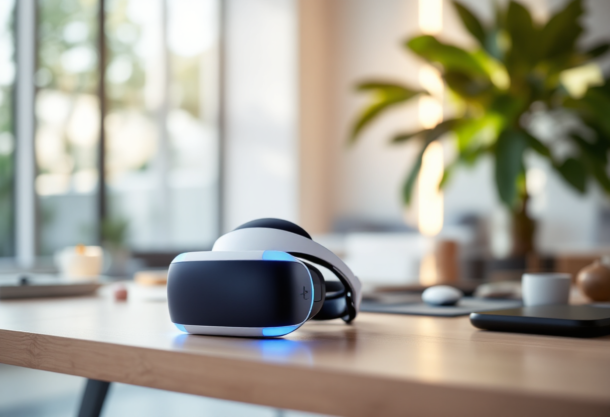 PlayStation VR2 con visore e controller in un ambiente di gioco